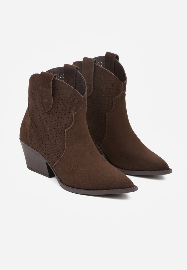 Ciemnobrązowe Botki Typu Kowbojki na Stożku ze Skóry Naturalnej Clearfeather