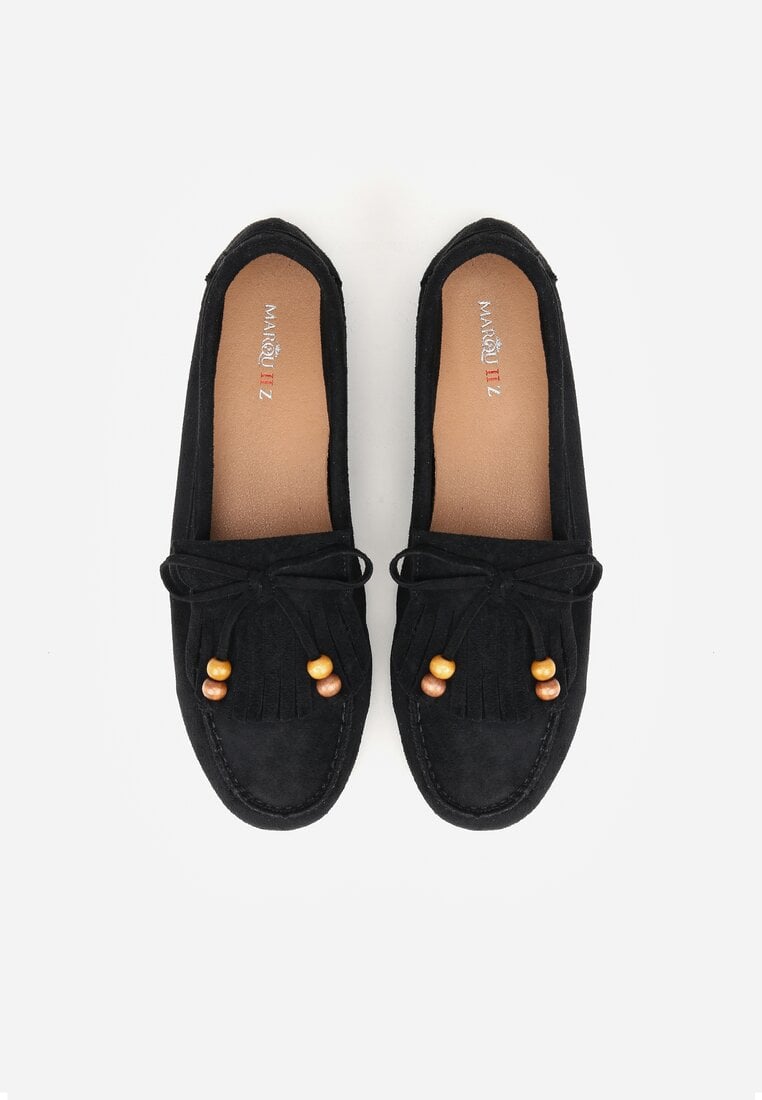 Czarne Mokasyny z Koralikami Kokardą i Frędzlami Nahda