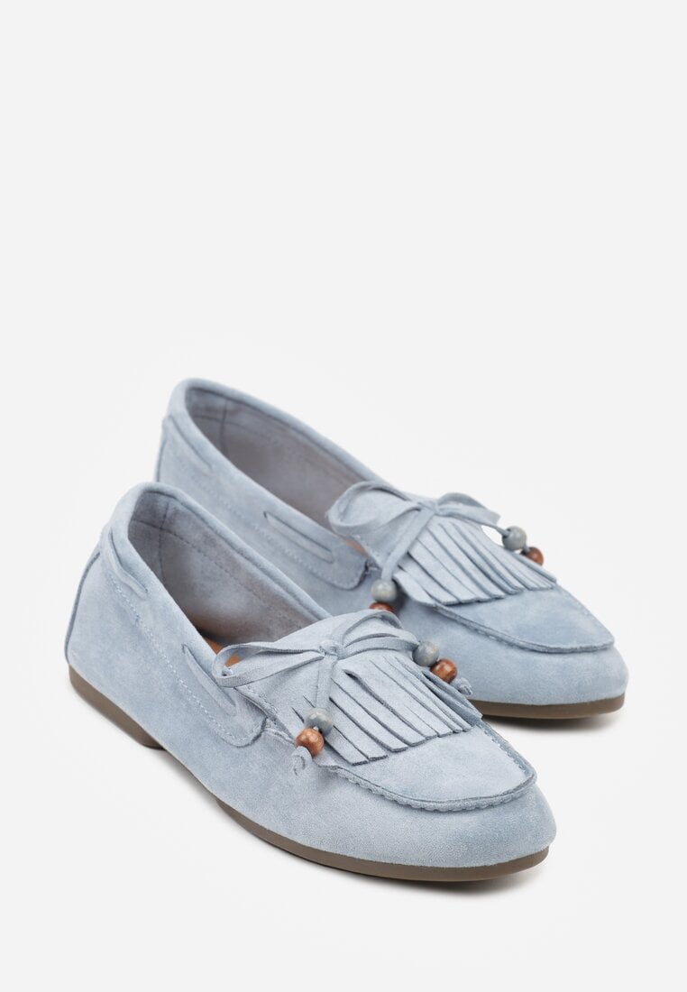 Niebieskie Mokasyny z Koralikami Kokardą i Frędzlami Nahda
