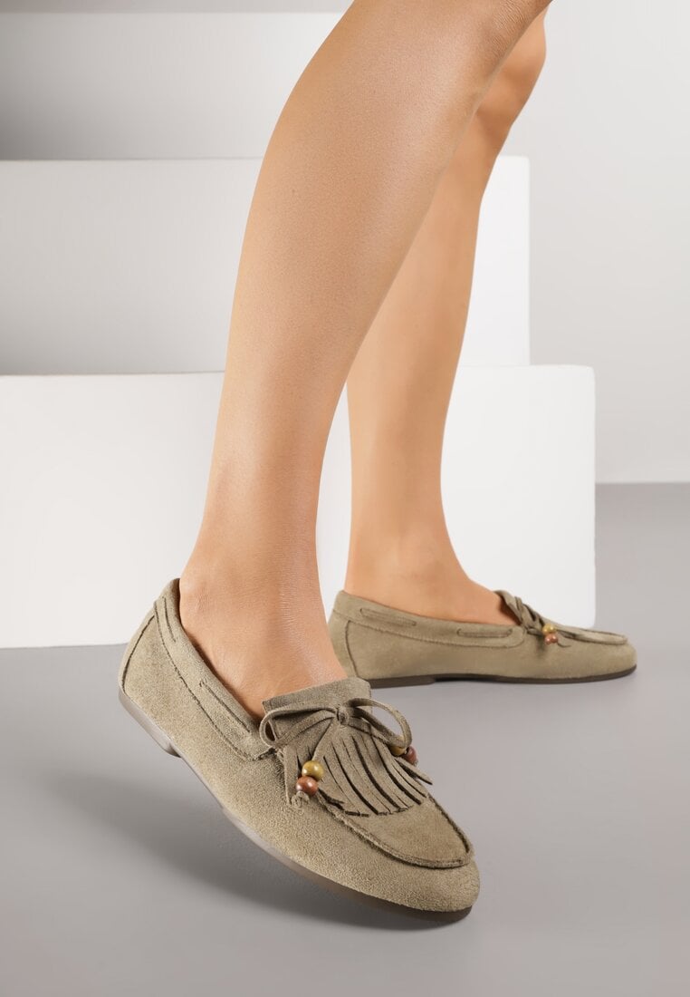 Zielone Mokasyny z Koralikami Kokardą i Frędzlami Nahda
