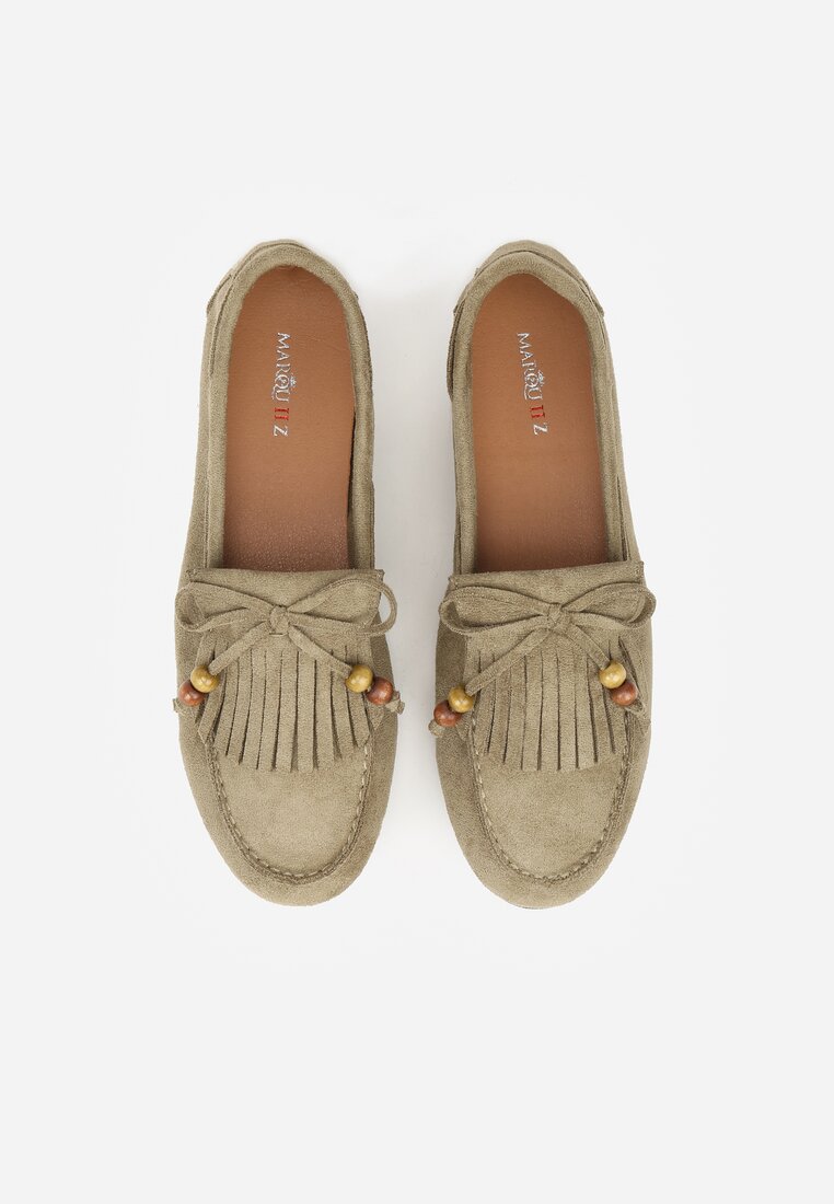 Zielone Mokasyny z Koralikami Kokardą i Frędzlami Nahda