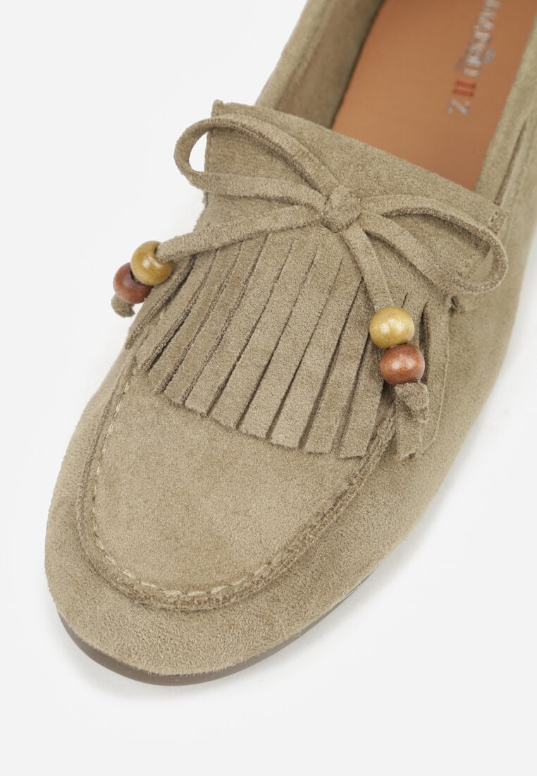 Zielone Mokasyny z Koralikami Kokardą i Frędzlami Nahda