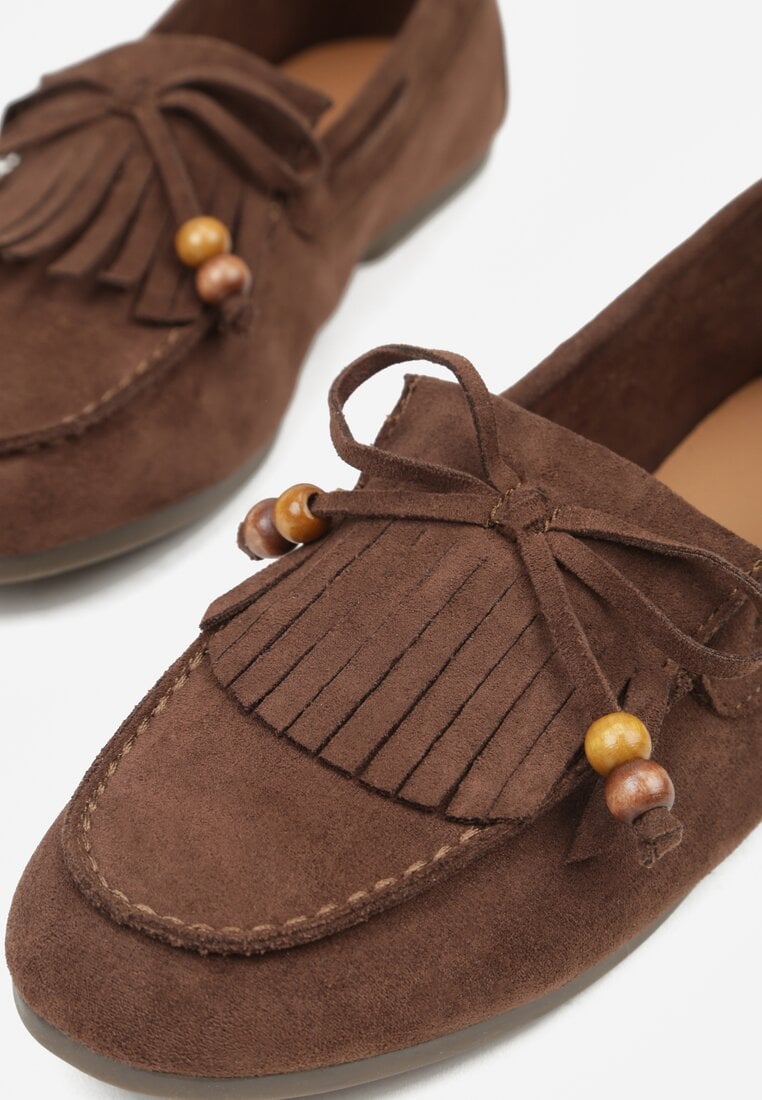 Brązowe Mokasyny z Koralikami Kokardą i Frędzlami Nahda