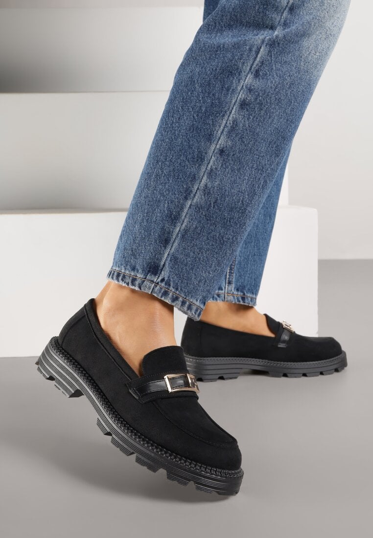 Czarne Mokasyny z Metaliczną Klamrą Glitterfly