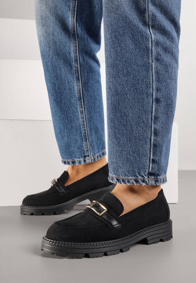 Czarne Mokasyny z Metaliczną Klamrą Glitterfly