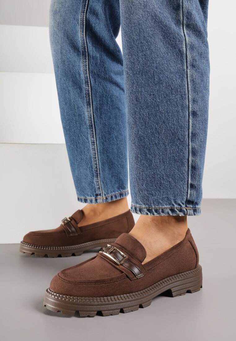 Brązowe Mokasyny z Metaliczną Klamrą Glitterfly