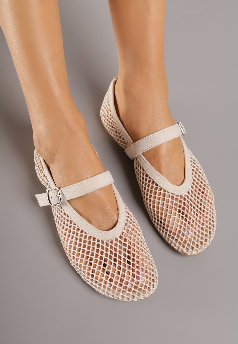 Beżowe Balerinki Ozdobione Siateczką Arolamar