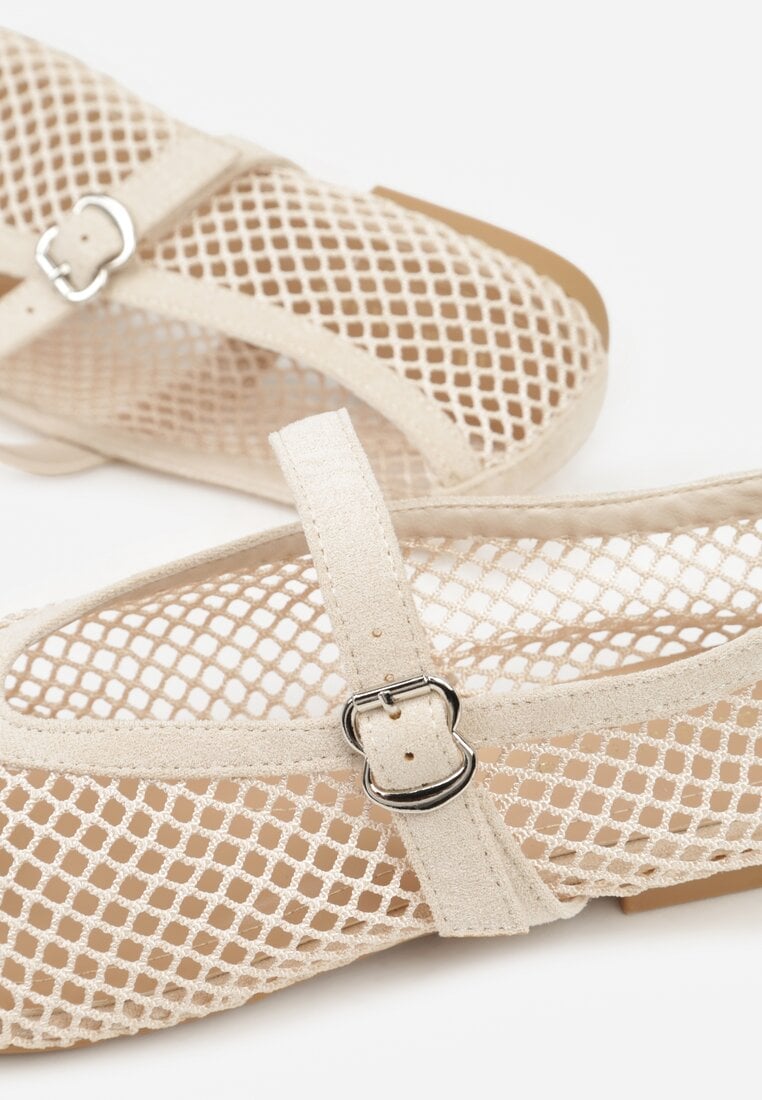 Beżowe Balerinki Ozdobione Siateczką Arolamar