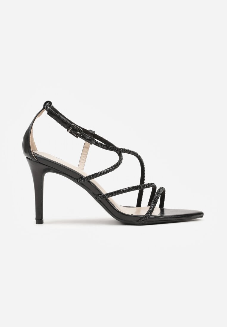 Czarne Sandały na Szpilce z Cyrkoniowymi Paskami Evirane