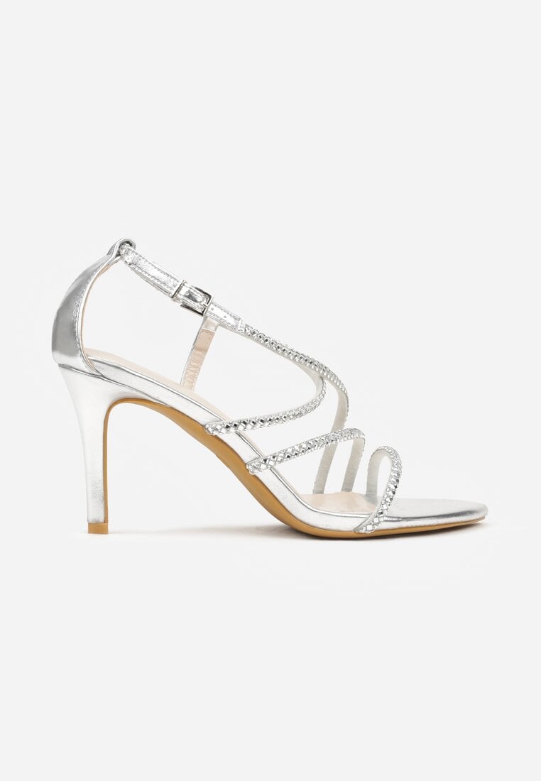Srebrne Sandały na Szpilce z Cyrkoniowymi Paskami Evirane