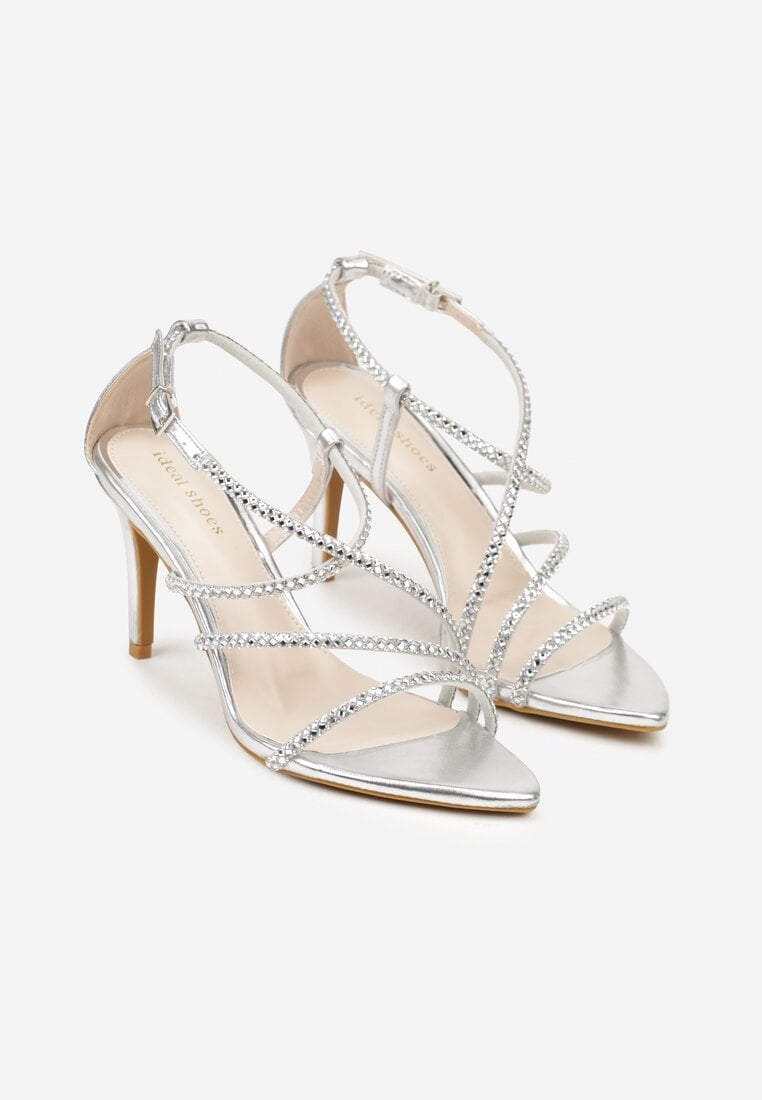 Srebrne Sandały na Szpilce z Cyrkoniowymi Paskami Evirane