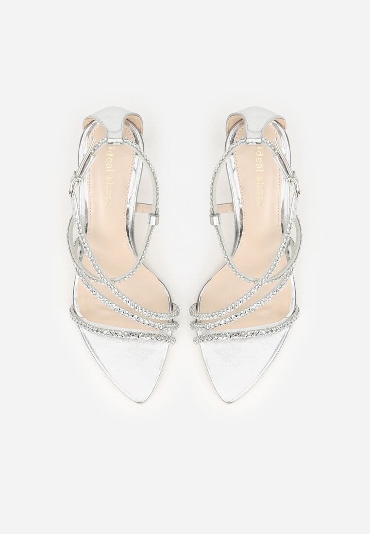 Srebrne Sandały na Szpilce z Cyrkoniowymi Paskami Evirane