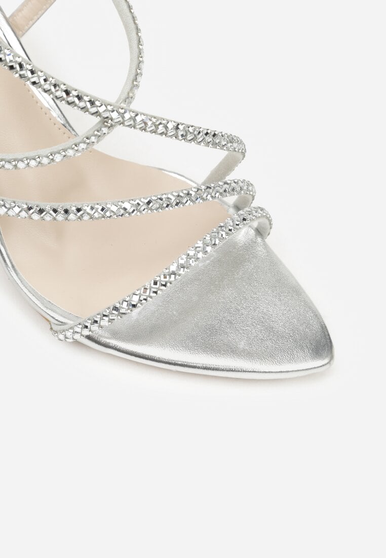 Srebrne Sandały na Szpilce z Cyrkoniowymi Paskami Evirane