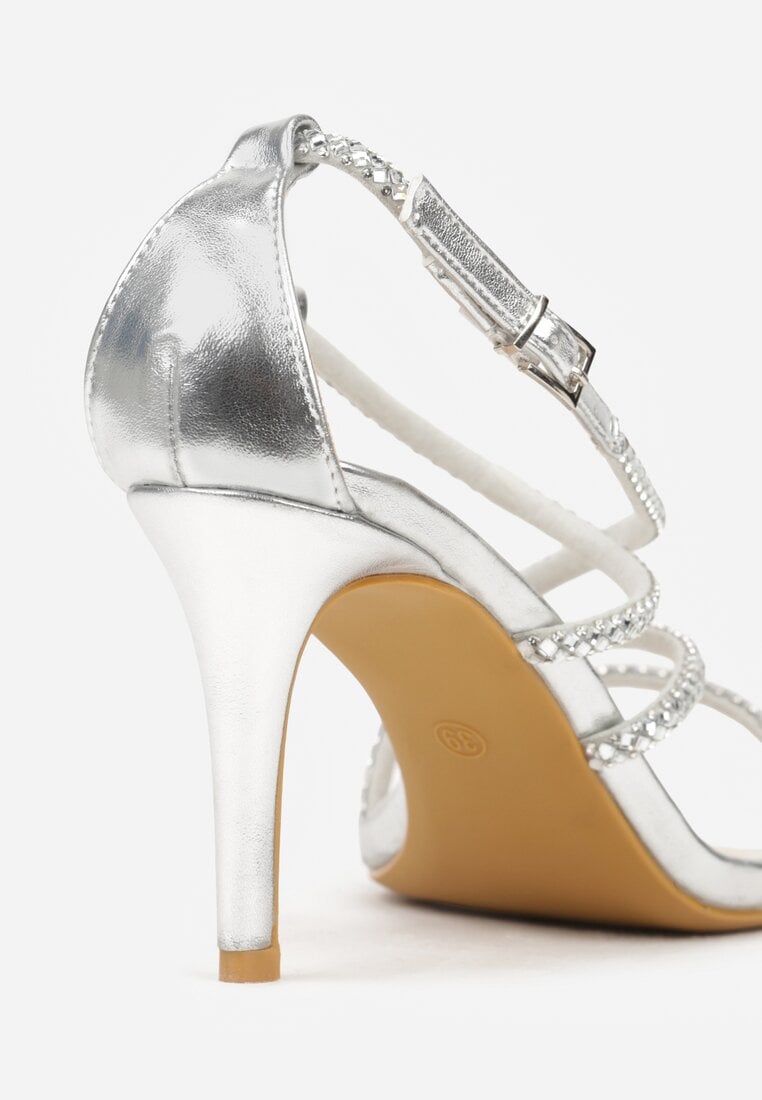 Srebrne Sandały na Szpilce z Cyrkoniowymi Paskami Evirane