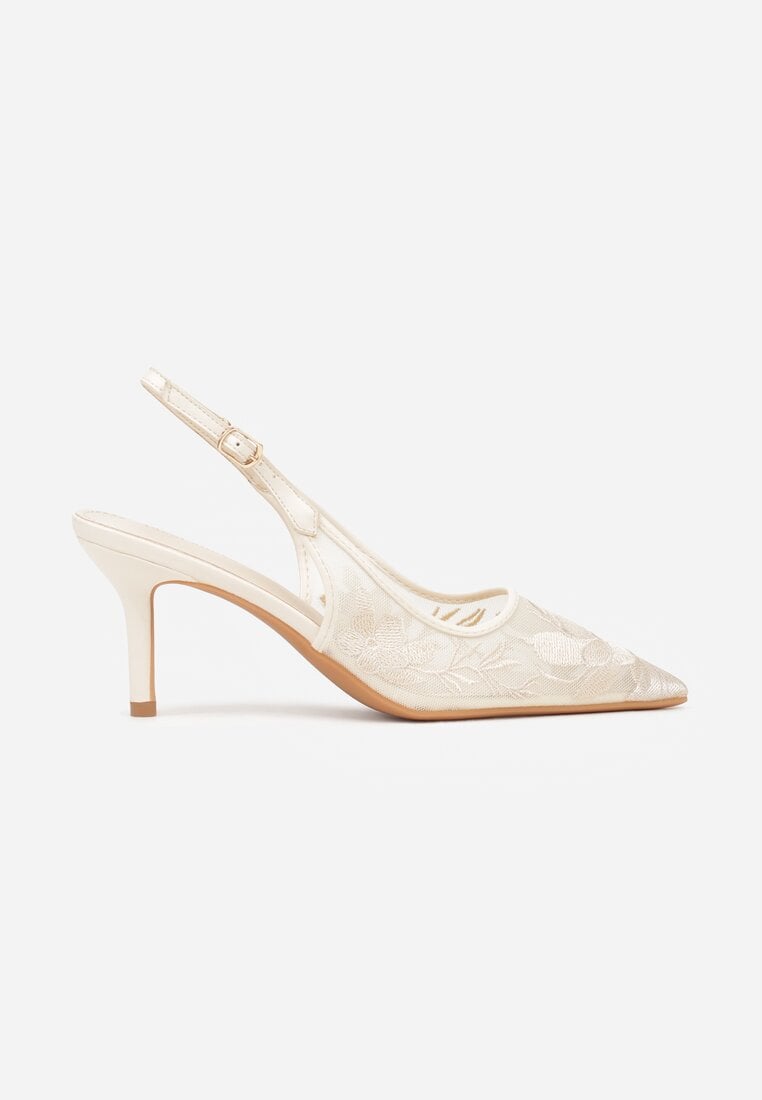 Jasnobeżowe Sandały na Szpilce Ozdobione Haftem Chelmeda