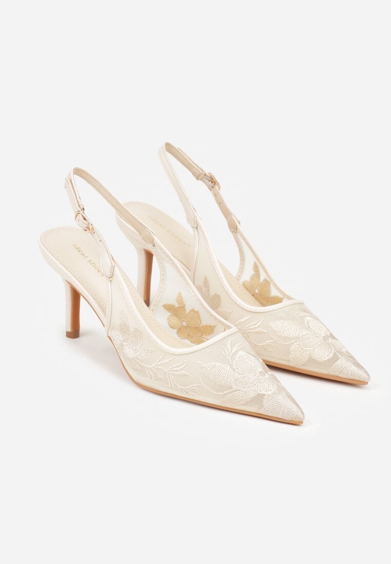 Jasnobeżowe Sandały na Szpilce Ozdobione Haftem Chelmeda