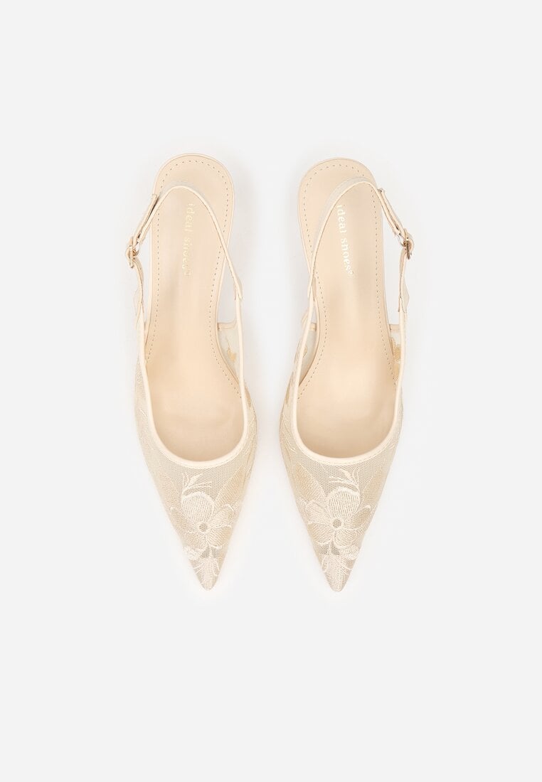 Jasnobeżowe Sandały na Szpilce Ozdobione Haftem Chelmeda
