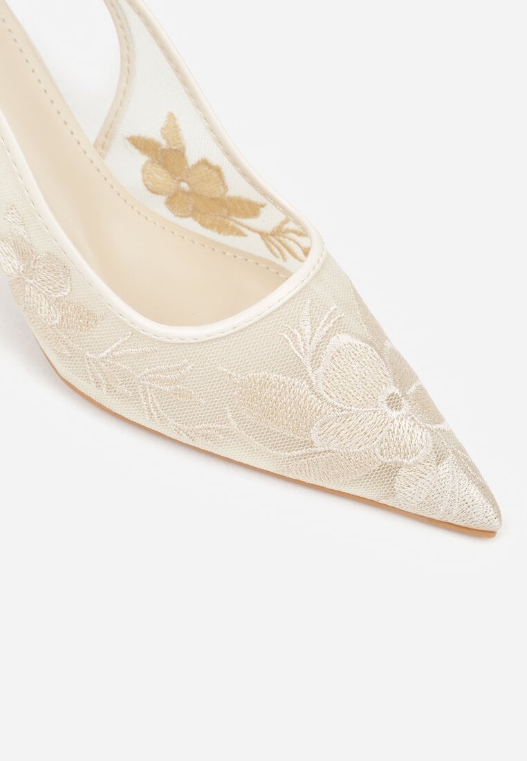 Jasnobeżowe Sandały na Szpilce Ozdobione Haftem Chelmeda