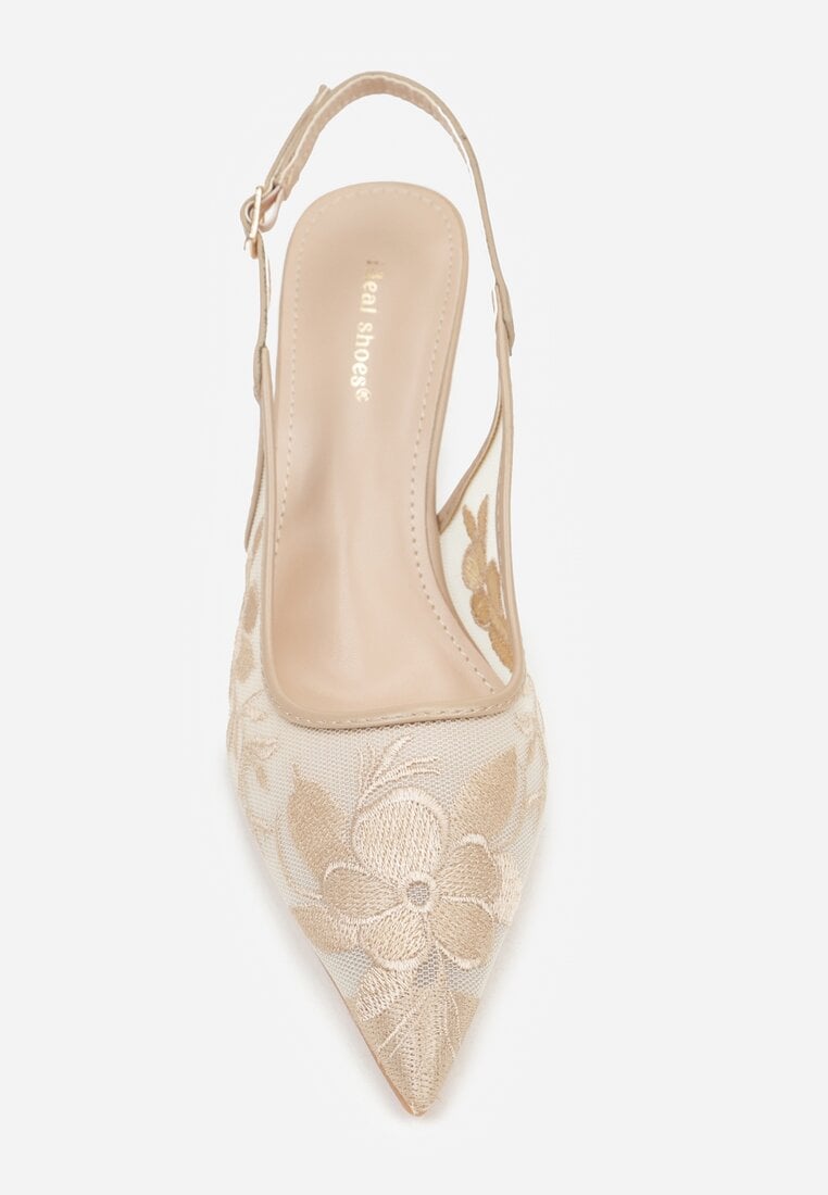 Beżowe Sandały na Szpilce Ozdobione Haftem Chelmeda