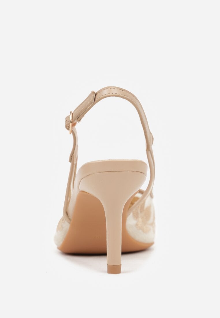 Beżowe Sandały na Szpilce Ozdobione Haftem Chelmeda