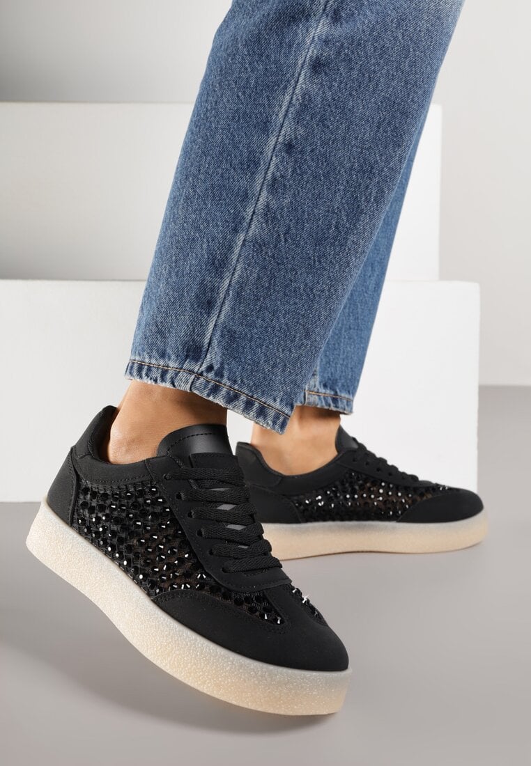 Czarne Sneakersy na Platformie z Cyrkoniami Moonblaze
