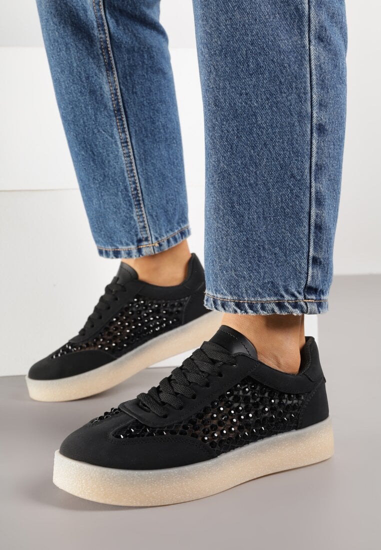 Czarne Sneakersy na Platformie z Cyrkoniami Moonblaze