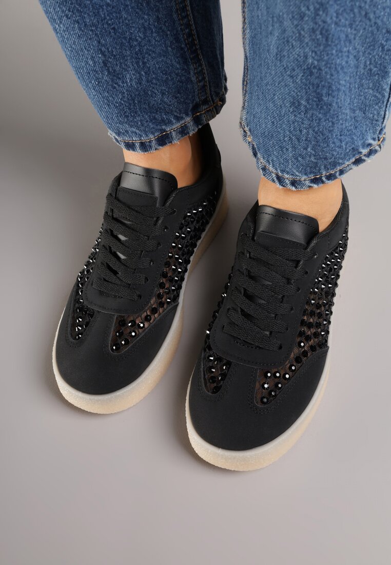 Czarne Sneakersy na Platformie z Cyrkoniami Moonblaze