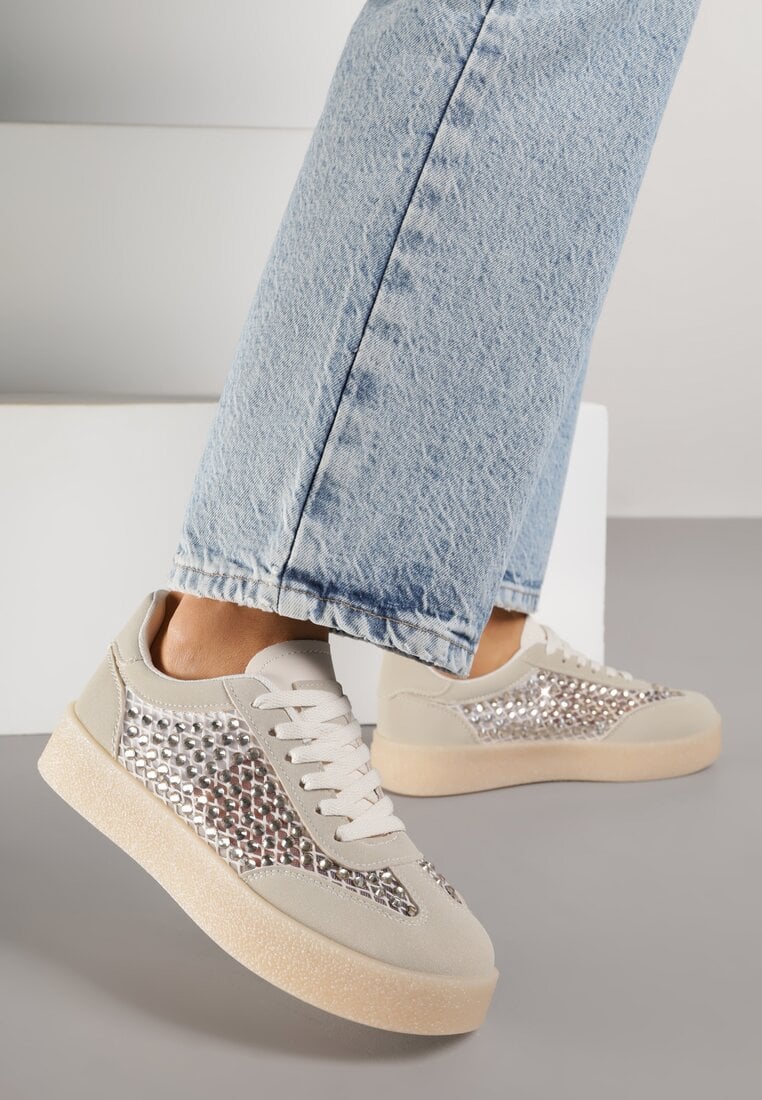 Beżowe Sneakersy na Platformie z Cyrkoniami Moonblaze