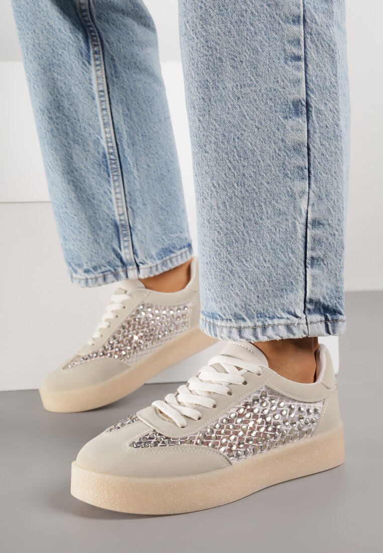 Beżowe Sneakersy na Platformie z Cyrkoniami Moonblaze