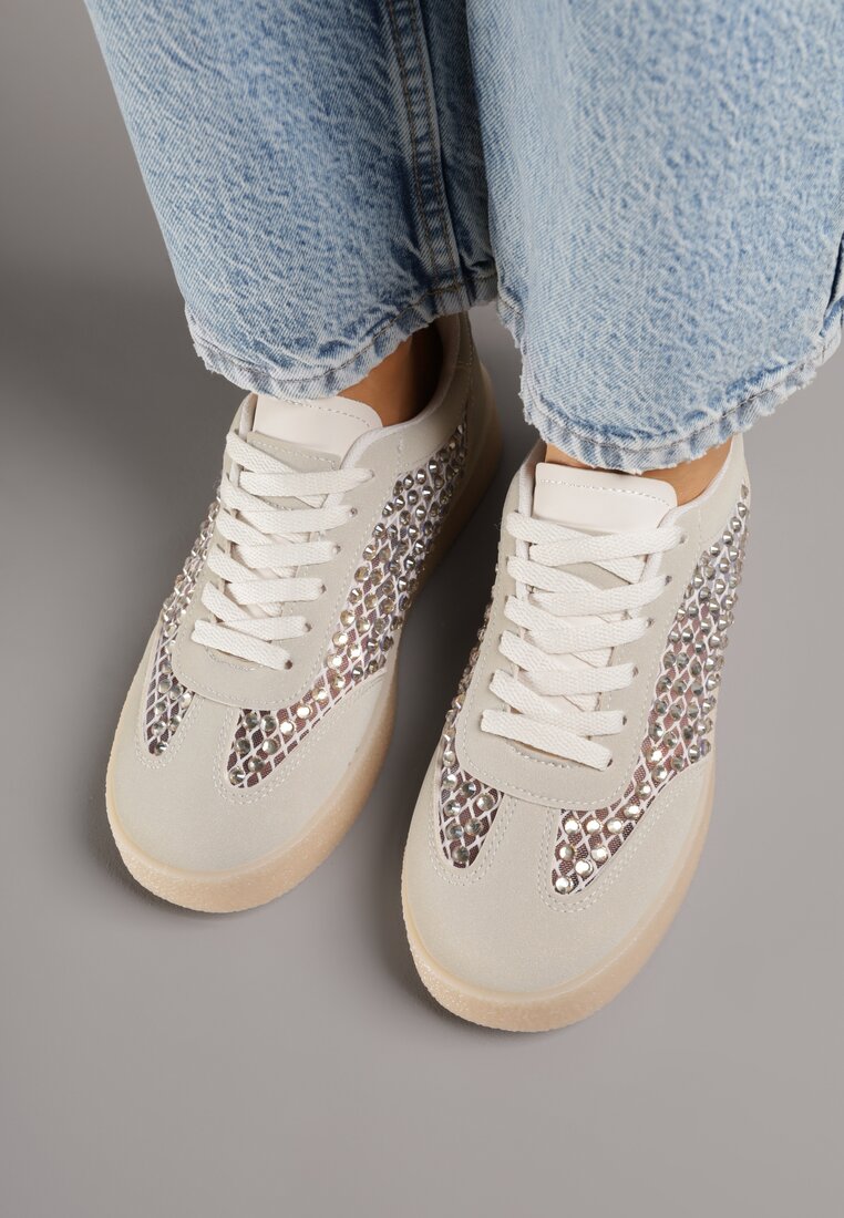 Beżowe Sneakersy na Platformie z Cyrkoniami Moonblaze