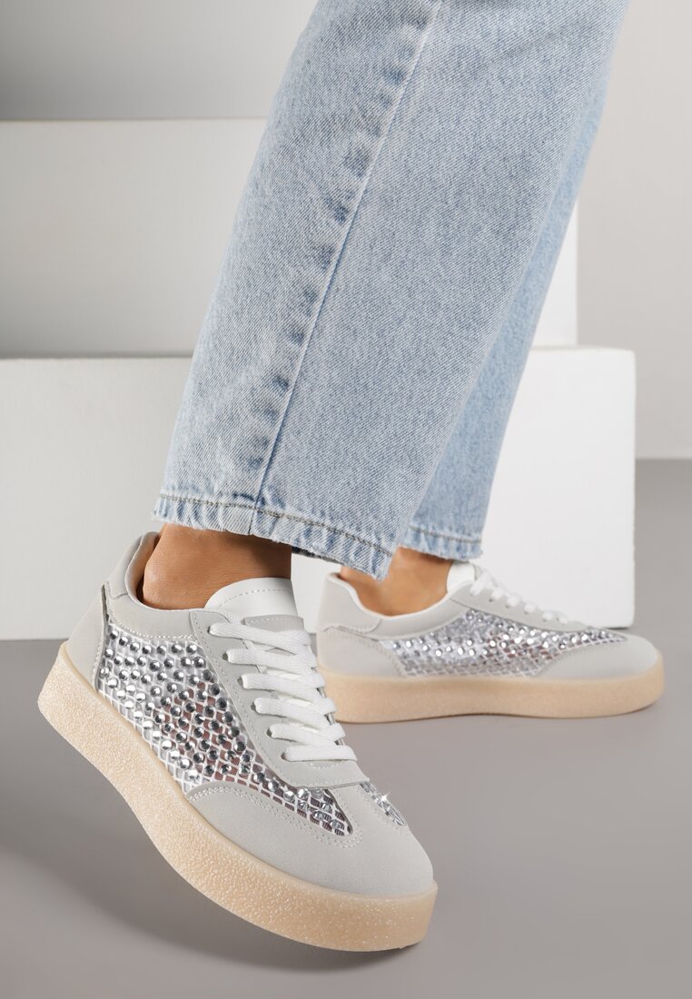 Szare Sneakersy na Platformie z Cyrkoniami Moonblaze