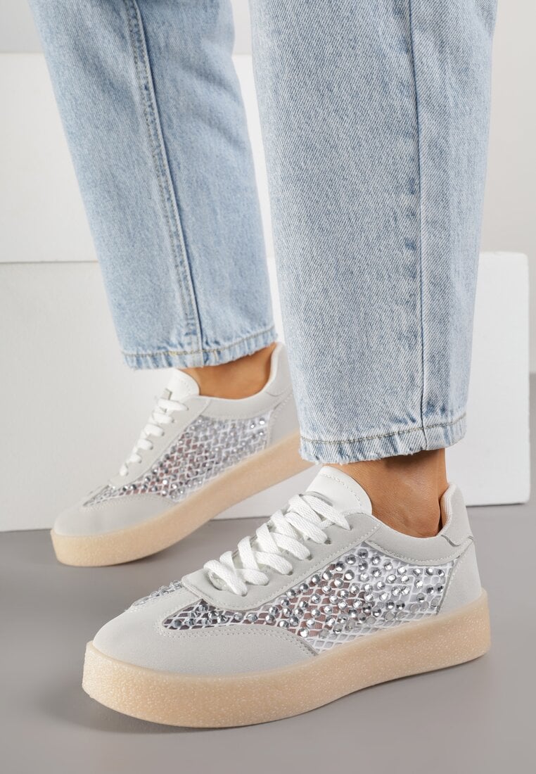 Szare Sneakersy na Platformie z Cyrkoniami Moonblaze