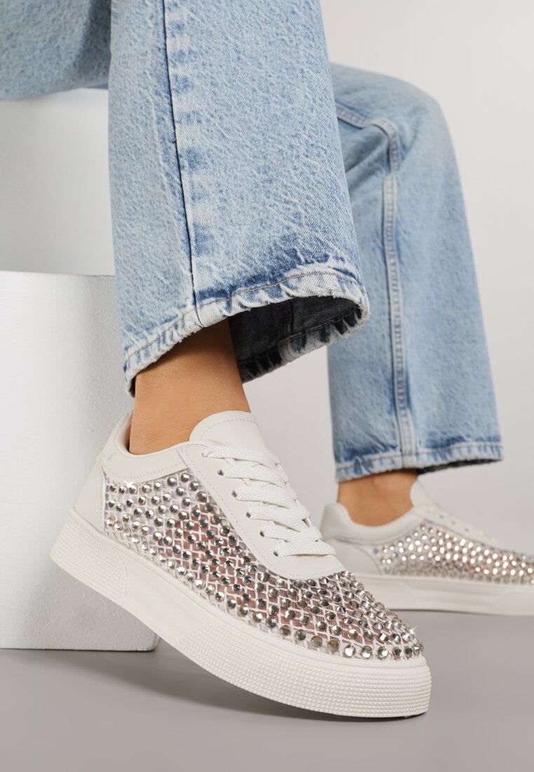 Beżowe Cyrkoniowe Sneakersy na Platformie Lilaela