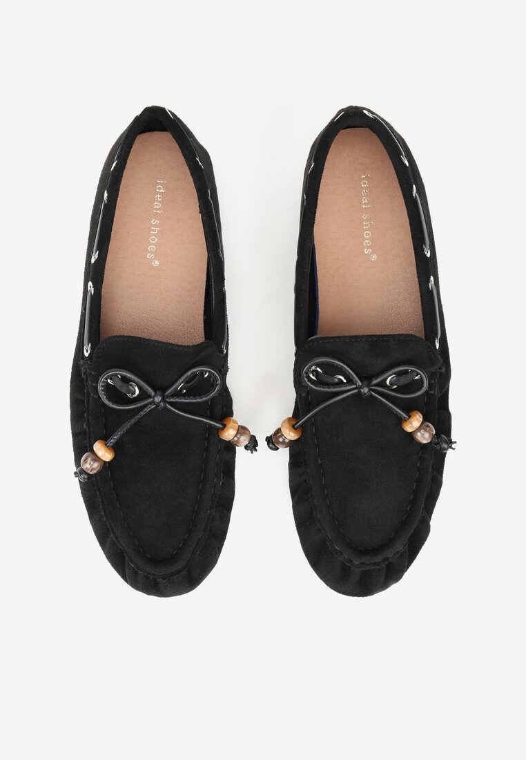 Czarne Mokasyny Ozdobione Kokardą Koralikami i Przeszyciami Clanrunner