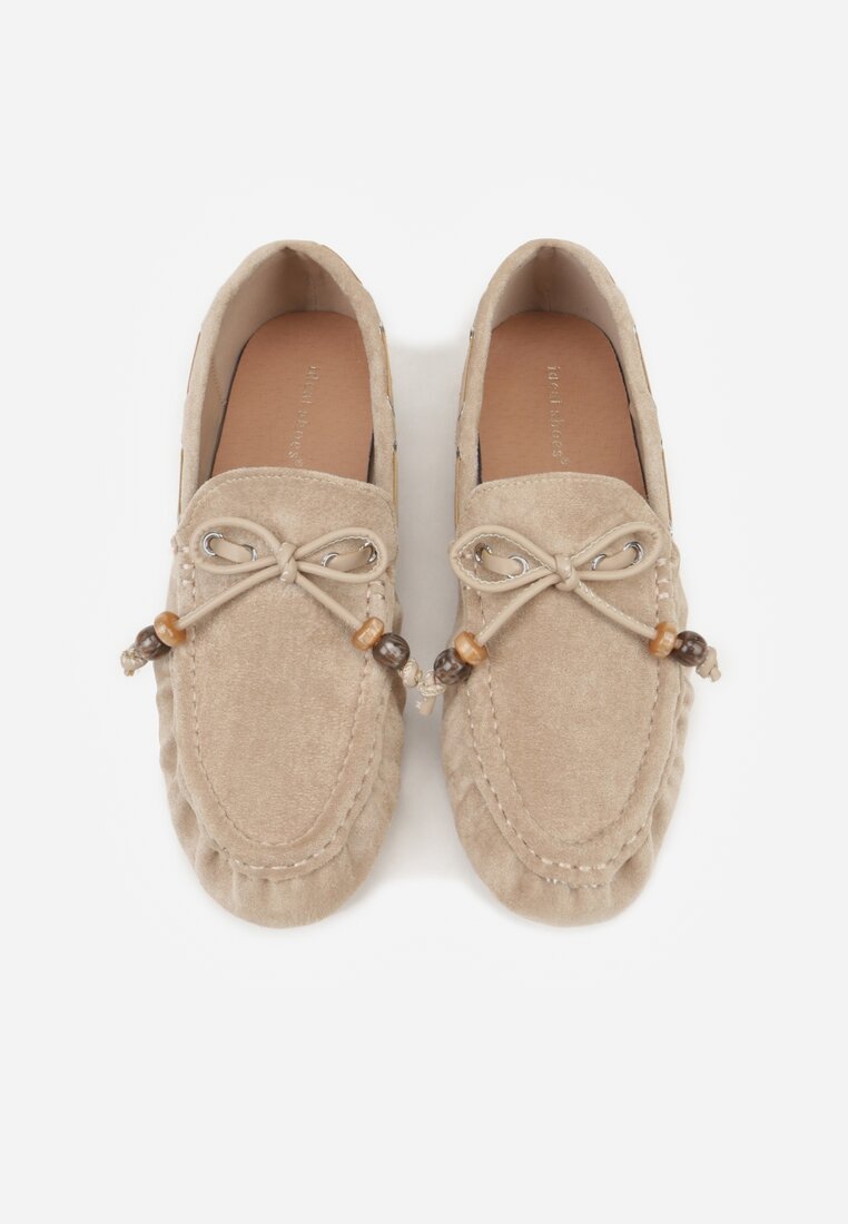 Ciemnobeżowe Mokasyny Ozdobione Kokardą Koralikami i Przeszyciami Clanrunner
