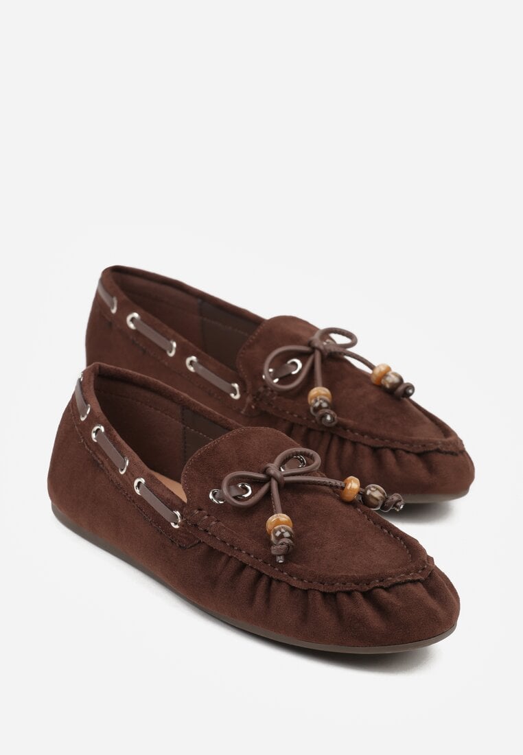 Brązowe Mokasyny Ozdobione Kokardą Koralikami i Przeszyciami Clanrunner