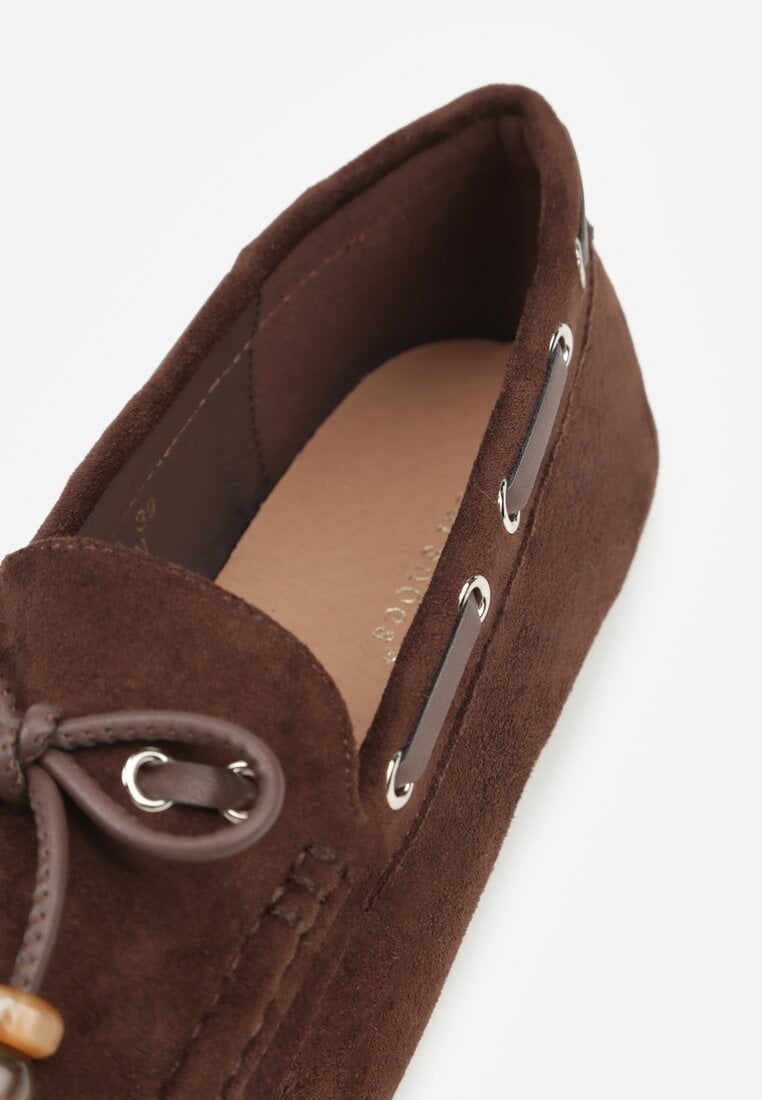 Brązowe Mokasyny Ozdobione Kokardą Koralikami i Przeszyciami Clanrunner