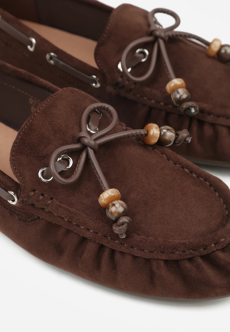 Brązowe Mokasyny Ozdobione Kokardą Koralikami i Przeszyciami Clanrunner