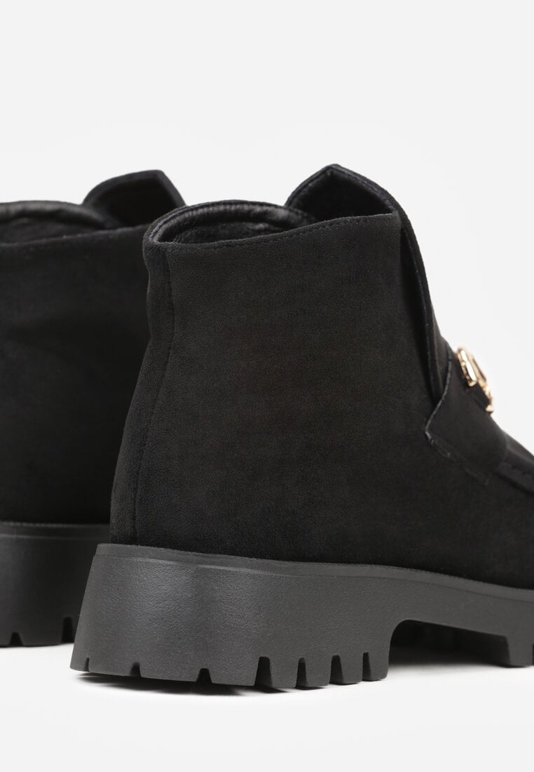 Czarne Botki w Stylu Loafersów Zdobione Metaliczną Aplikacją Aqianey