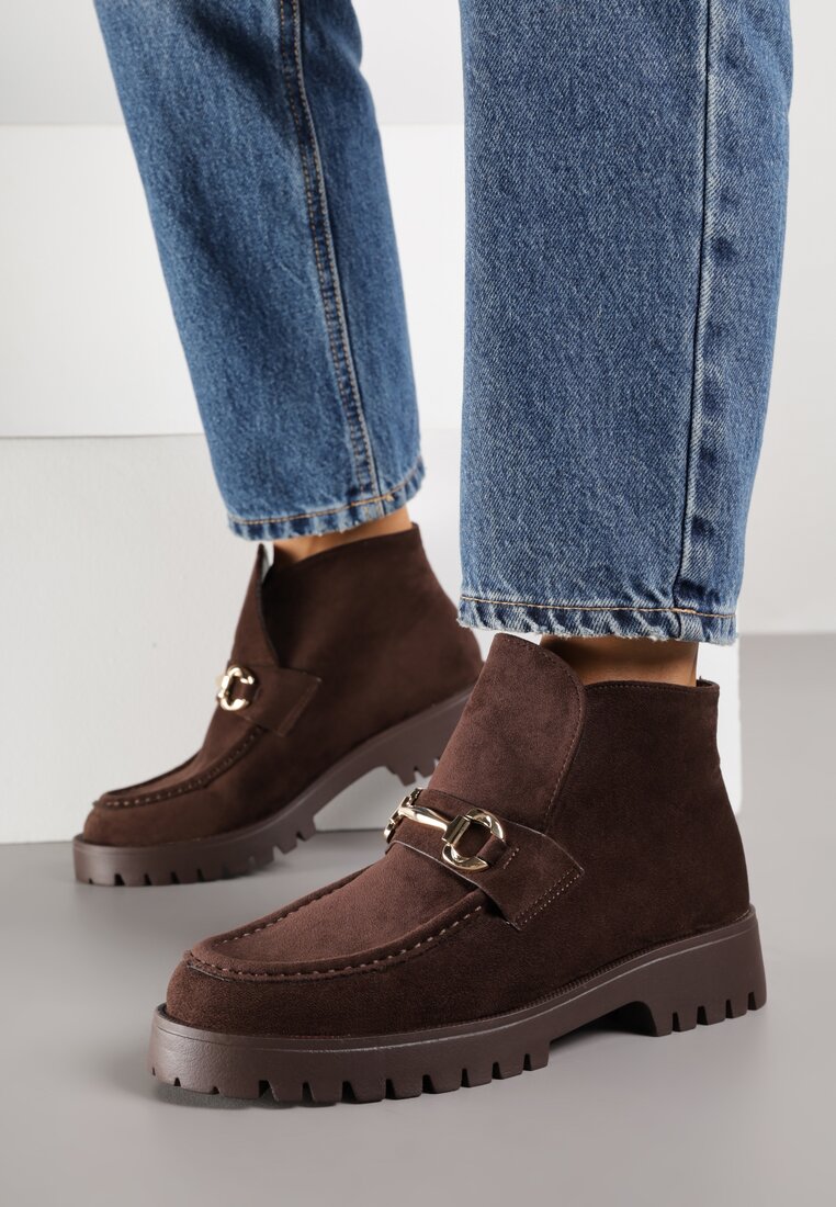 Brązowe Botki w Stylu Loafersów Zdobione Metaliczną Aplikacją Aqianey