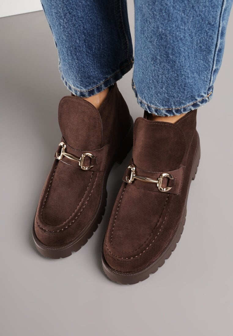 Brązowe Botki w Stylu Loafersów Zdobione Metaliczną Aplikacją Aqianey