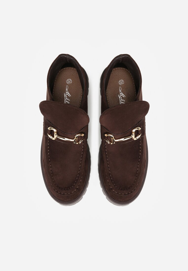 Brązowe Botki w Stylu Loafersów Zdobione Metaliczną Aplikacją Aqianey