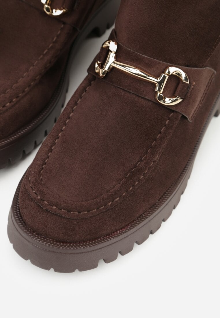 Brązowe Botki w Stylu Loafersów Zdobione Metaliczną Aplikacją Aqianey