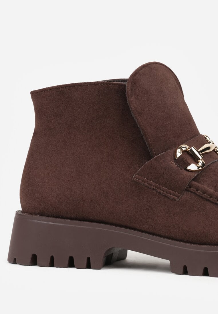 Brązowe Botki w Stylu Loafersów Zdobione Metaliczną Aplikacją Aqianey
