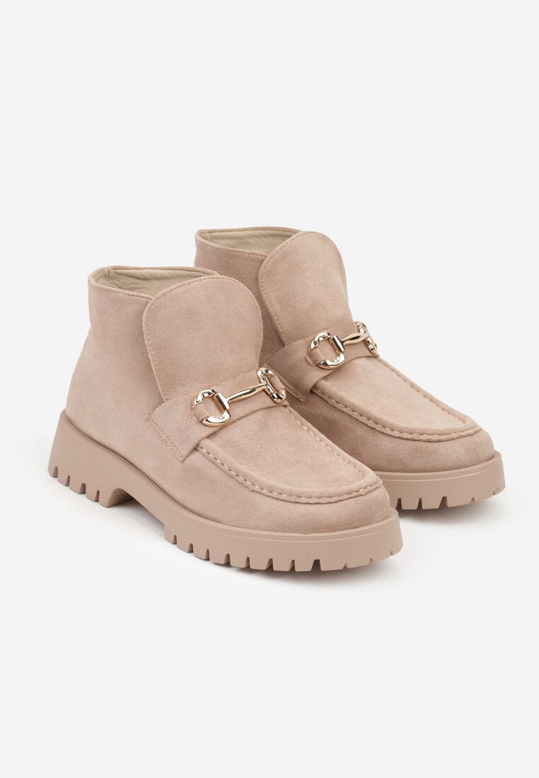 Ciemnobeżowe Botki w Stylu Loafersów Zdobione Metaliczną Aplikacją Aqianey