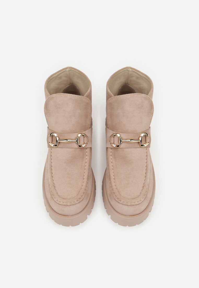 Ciemnobeżowe Botki w Stylu Loafersów Zdobione Metaliczną Aplikacją Aqianey