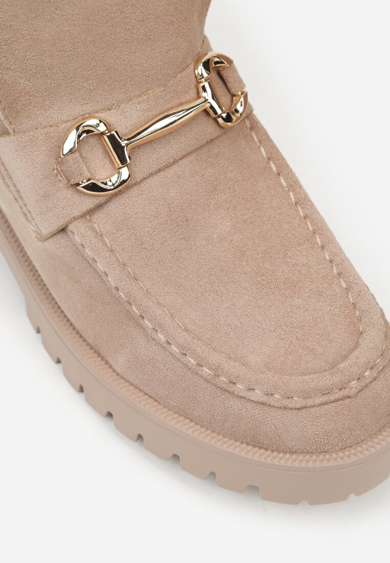 Ciemnobeżowe Botki w Stylu Loafersów Zdobione Metaliczną Aplikacją Aqianey