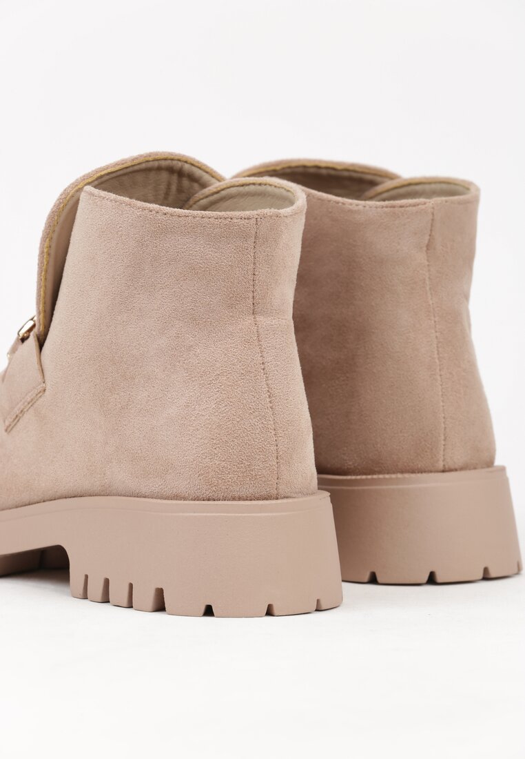 Ciemnobeżowe Botki w Stylu Loafersów Zdobione Metaliczną Aplikacją Aqianey