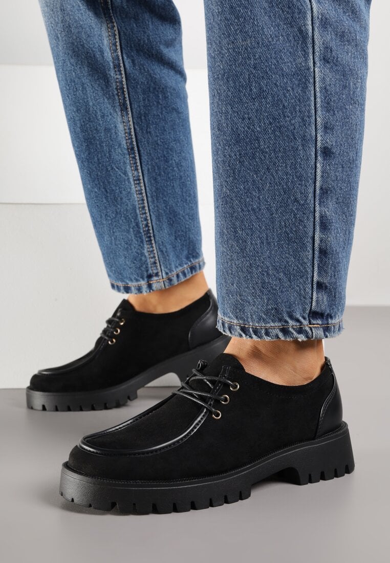 Czarne Półbuty Mokasyny w Stylu Boat Shoes ze Sznurowaniem Balmitar