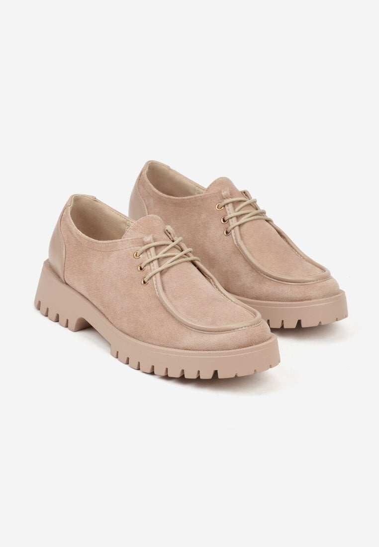 Ciemnobeżowe Półbuty Mokasyny w Stylu Boat Shoes ze Sznurowaniem Balmitar